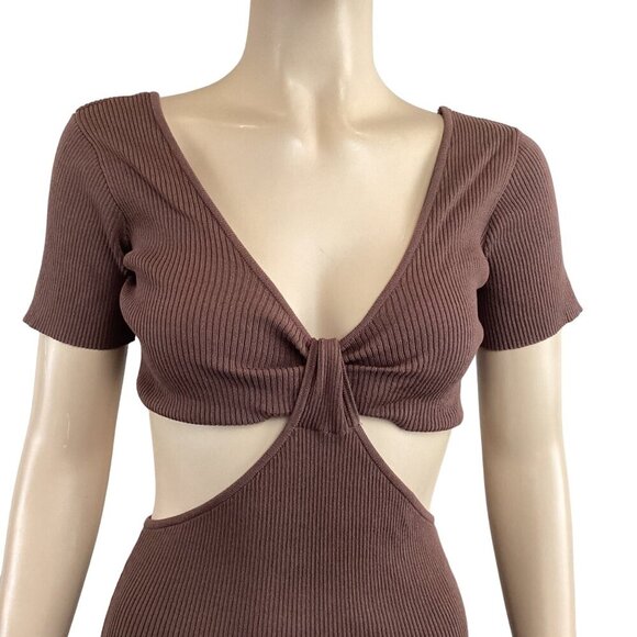 Olivaceous Sexy‎ Cut-Out Ribbed Knit Bodycon Dress Medium Mini Brown - Picture 6 of 8